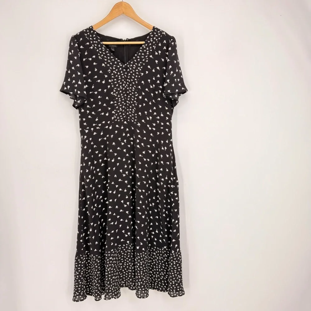 Talbots Womens 12 Flutter Sleeve Midi Dress Black White Dot Pockets Lined A-Line - Picture 5 of 13